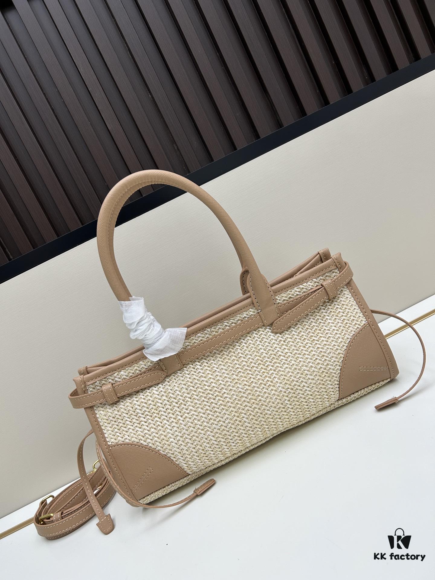 6930b4106e68136f4d9adbb1 PRADA Summer Woven Bag - Large Capacity Straw Tote with Italian Vegetable-Tanned Leather Trim, 32✕15✕11 cm