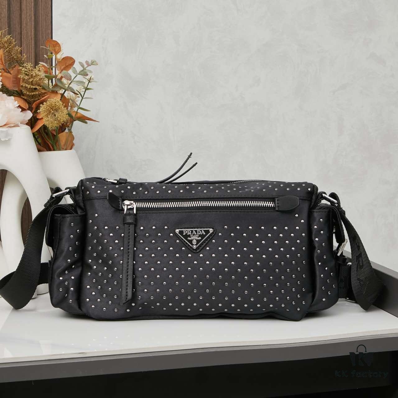 6930b41b6e68136f4d9adbc8 Prada Messenger Bag, Crossbody Shoulder Bag in Nylon with Studs, Size 26x16x10, Model 2508