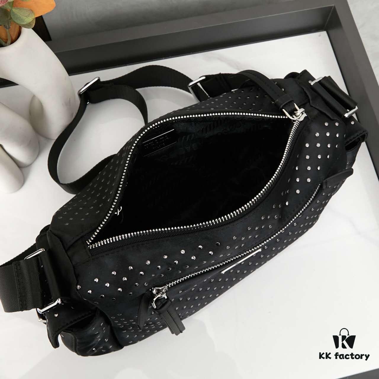 6930b41f6e68136f4d9adbd0 Prada Messenger Bag, Crossbody Shoulder Bag in Nylon with Studs, Size 26x16x10, Model 2508