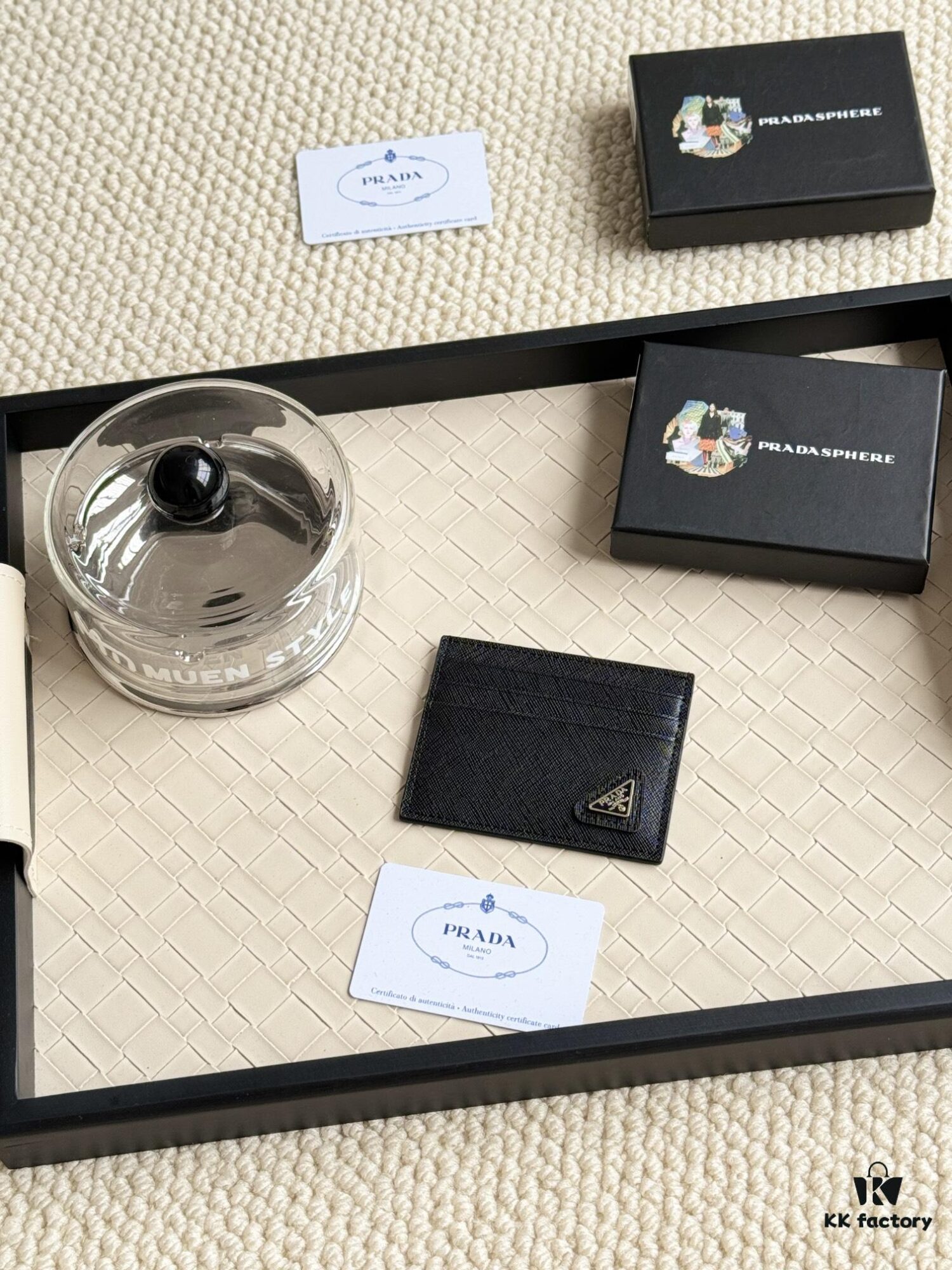 Prada Bestselling Card Holder Unisex Small Wallet Black 1MC025 Diagonal Triangle Pattern Cross-Grain Calfskin Leather 6 Card Slots with Center Compartment