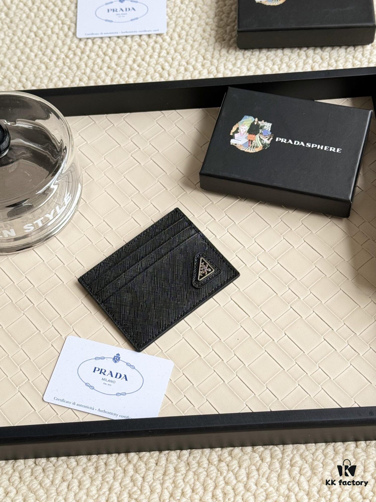 Prada Bestselling Card Holder Unisex Small Wallet Black 1MC025 Diagonal Triangle Pattern Cross-Grain Calfskin Leather 6 Card Slots with Center Compartment