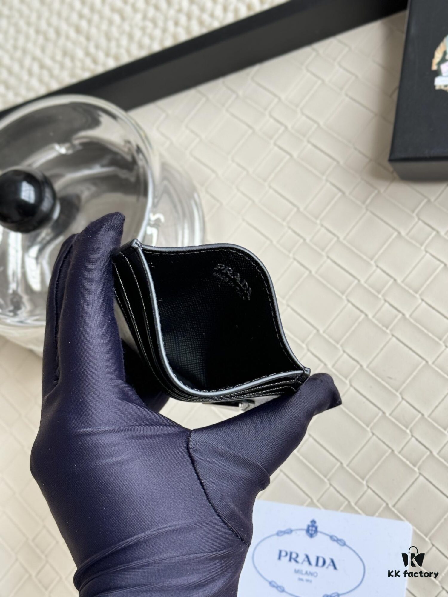 Prada Bestselling Card Holder Unisex Small Wallet Black 1MC025 Diagonal Triangle Pattern Cross-Grain Calfskin Leather 6 Card Slots with Center Compartment