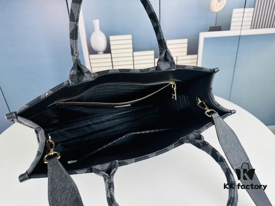 6930b5266e68136f4d9adde1 New Large Size Prada Embroidered Fabric Tote Bag (With Long Shoulder Strap)