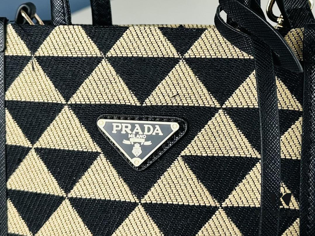 6930b5276e68136f4d9adde4 New Small Size Prada Embroidered Fabric Tote Bag in Box (with Long Strap)