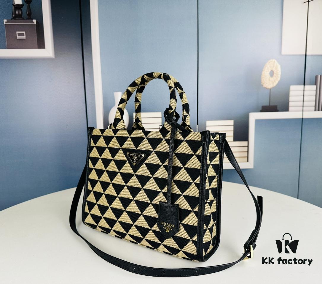 6930b52a6e68136f4d9adde8 New Medium Prada Embroidered Fabric Tote Bag with Long Shoulder Strap