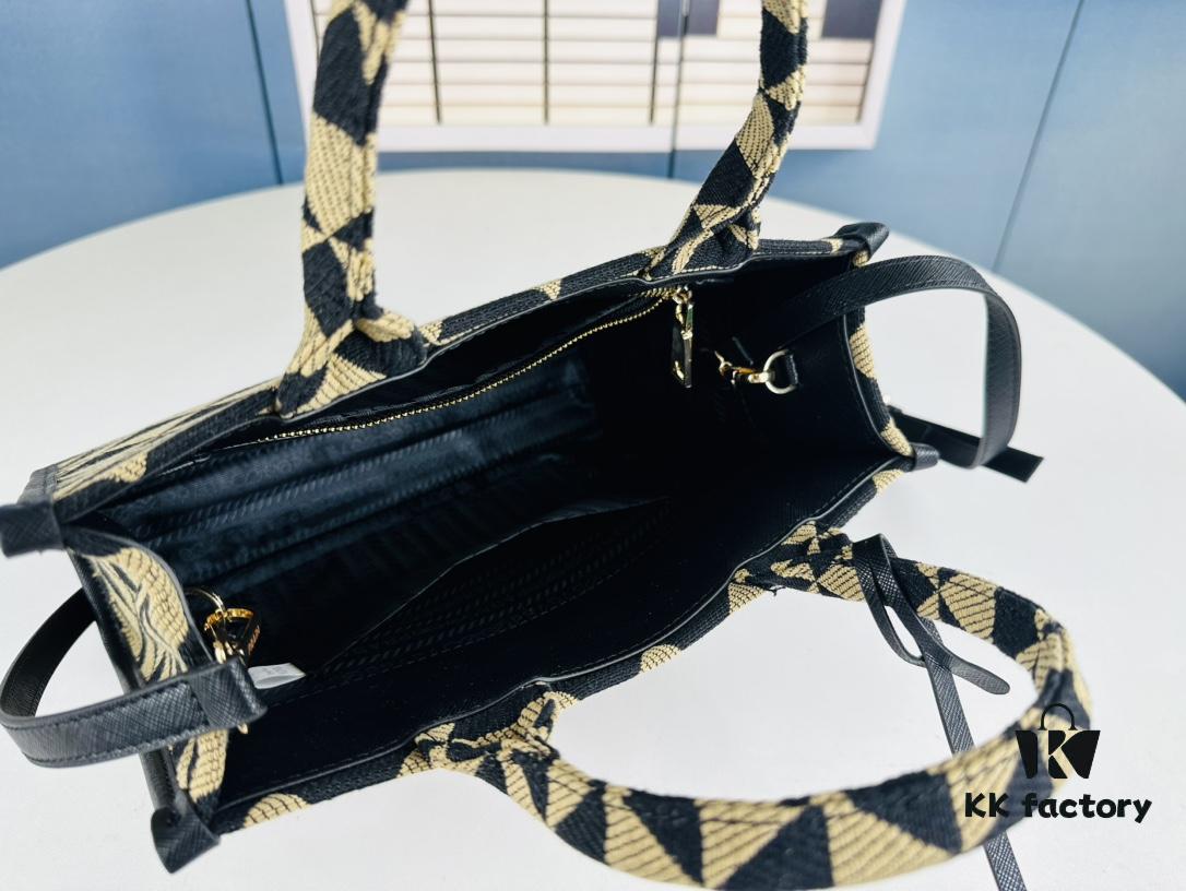 6930b52c6e68136f4d9addee New Medium Prada Embroidered Fabric Tote Bag with Long Shoulder Strap