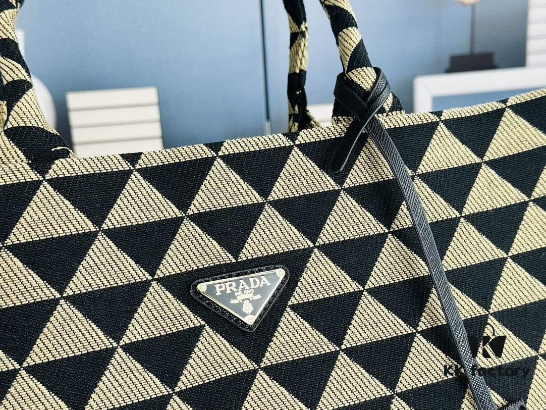6930b5306e68136f4d9addf4 New Large Size Prada Embroidered Fabric Tote Bag (Medium Size) with Long Shoulder Strap
