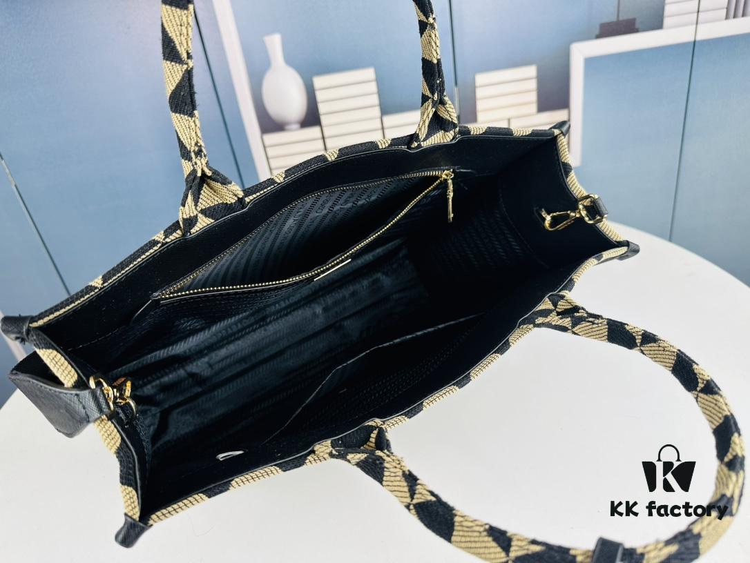 6930b5306e68136f4d9addf5 New Large Size Prada Embroidered Fabric Tote Bag (Medium Size) with Long Shoulder Strap