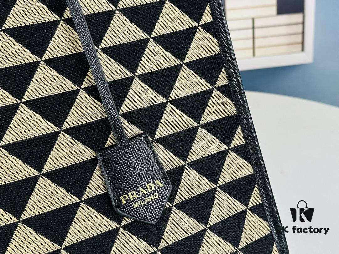 6930b5316e68136f4d9addf7 New Large Size Prada Embroidered Fabric Tote Bag (Medium Size) with Long Shoulder Strap
