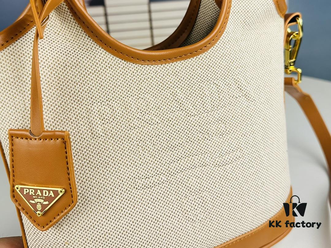 6930b5356e68136f4d9addff Small Prada New Linen-blend Leather Trim Tote Bag
