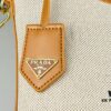 6930b5376e68136f4d9ade05 Small Prada New Linen-blend Leather Trim Tote Bag