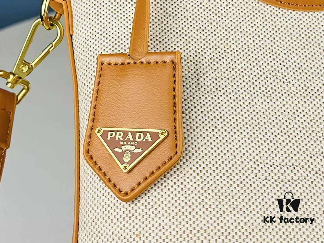 6930b5376e68136f4d9ade05 Small Prada New Linen-blend Leather Trim Tote Bag