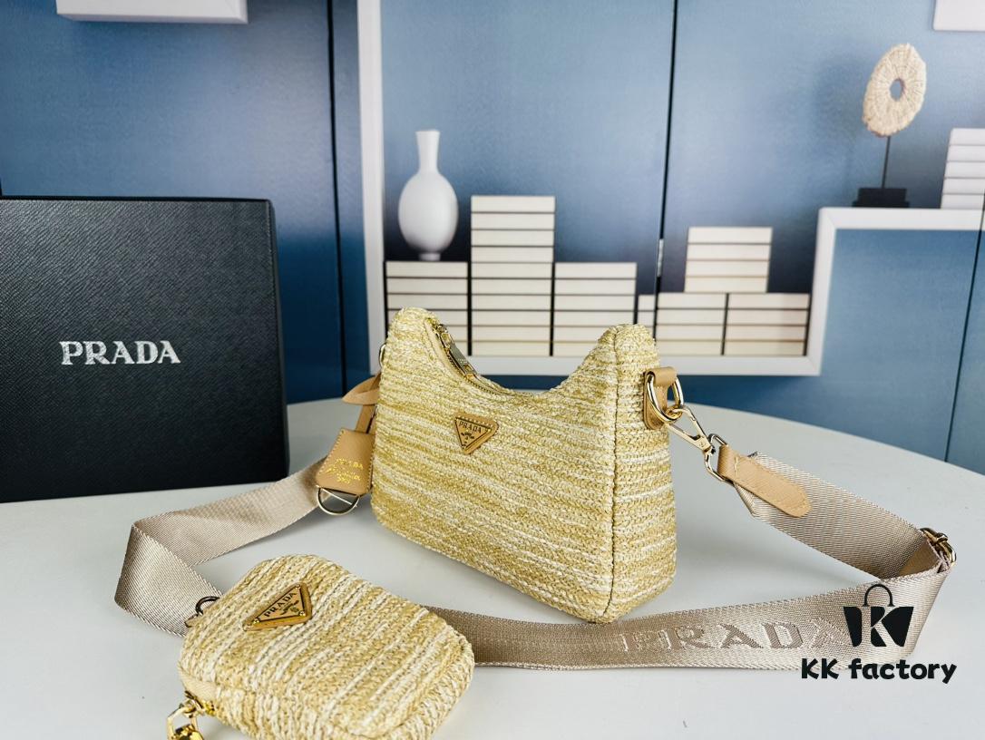 Prada Hobo Combo Straw Woven Limited Edition Three-in-One Small Size Beach Bag with Box