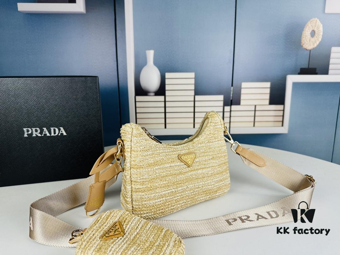 Prada Hobo Combo Straw Woven Limited Edition Three-in-One Small Size Beach Bag with Box