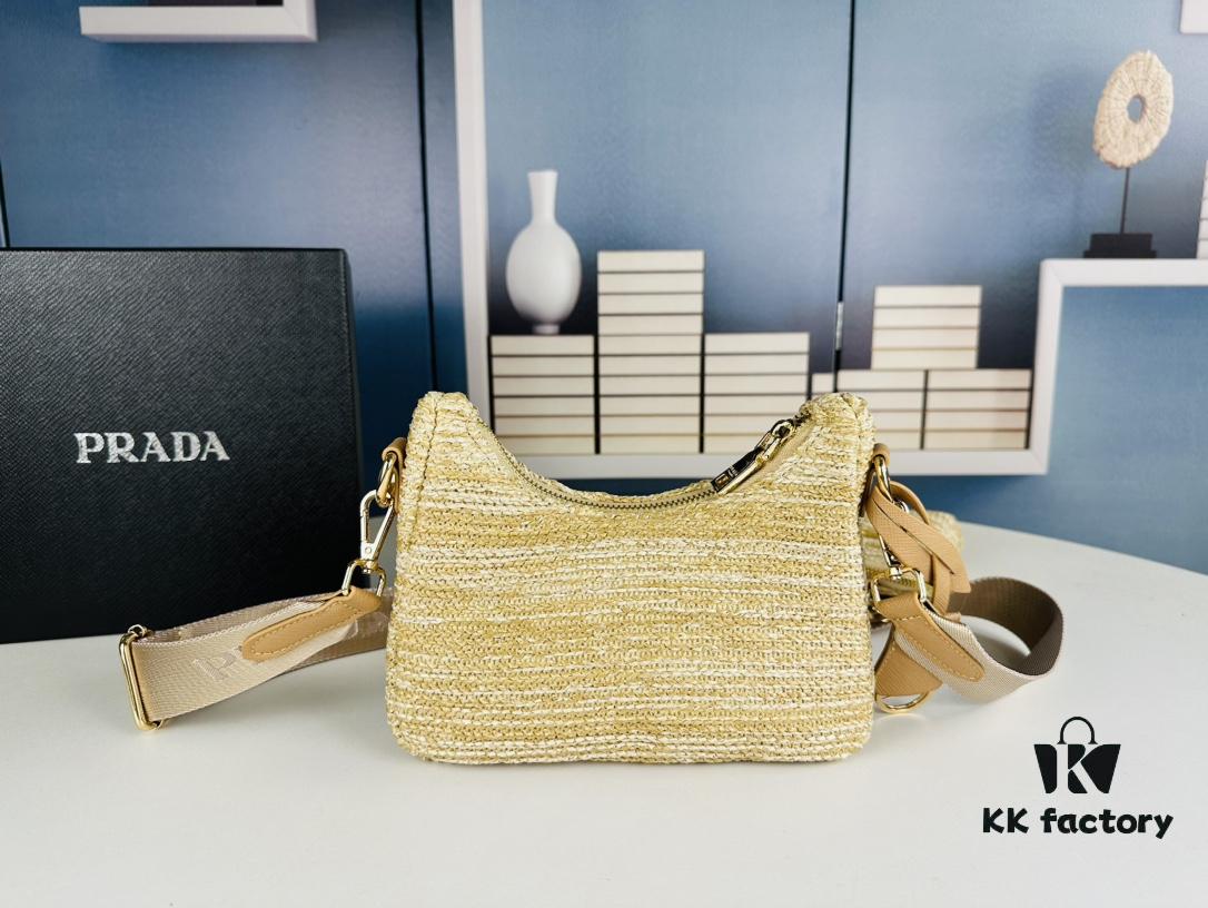 Prada Hobo Combo Straw Woven Limited Edition Three-in-One Small Size Beach Bag with Box