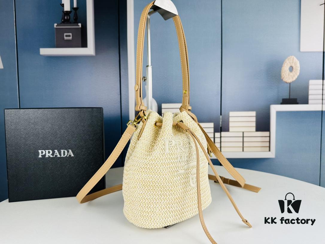 6930b5506e68136f4d9ade3c Prada Raffia Woven Bucket Bag with Box
