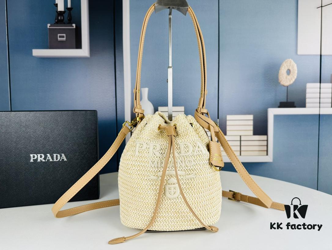 6930b5506e68136f4d9ade3d Prada Raffia Woven Bucket Bag with Box