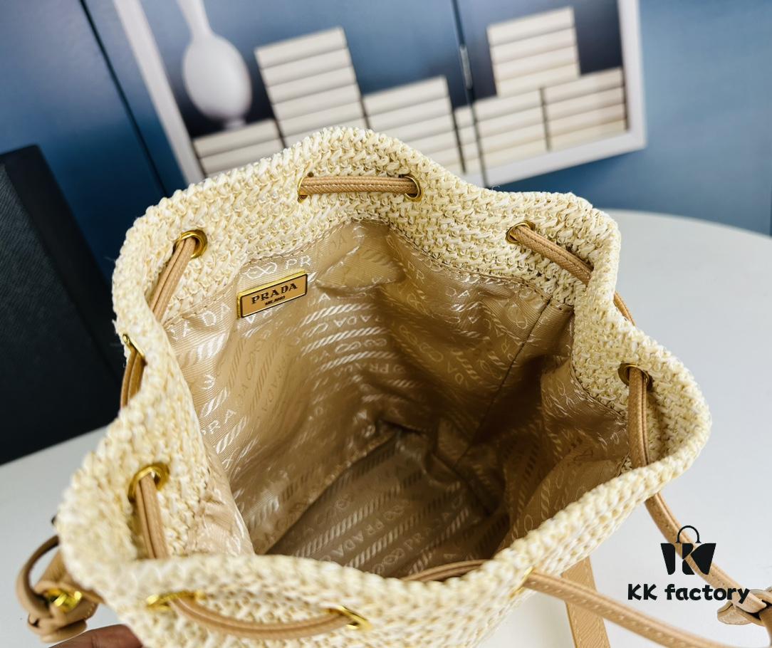 6930b5526e68136f4d9ade40 Prada Raffia Woven Bucket Bag with Box