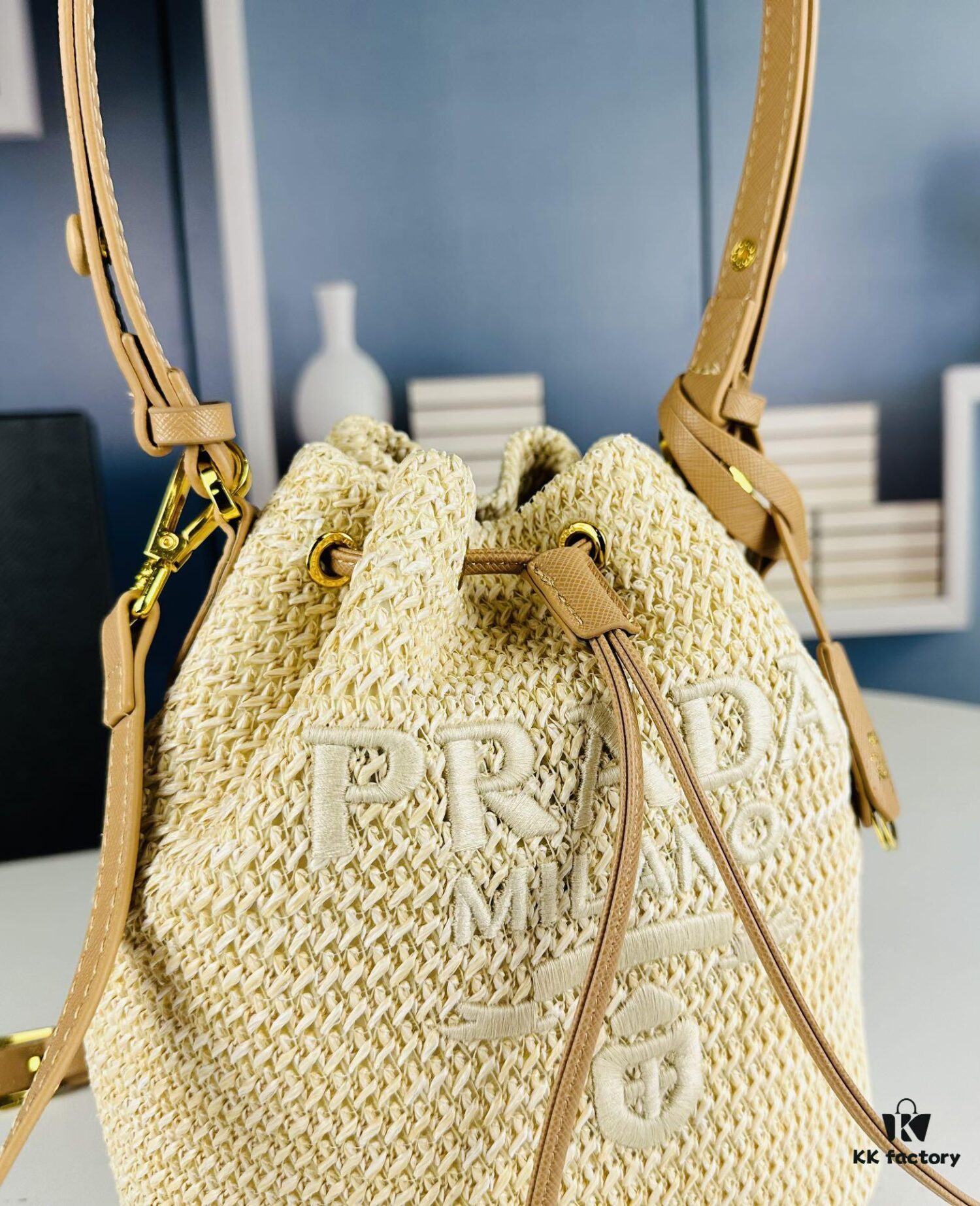 6930b5536e68136f4d9ade43 Prada Raffia Woven Bucket Bag with Box