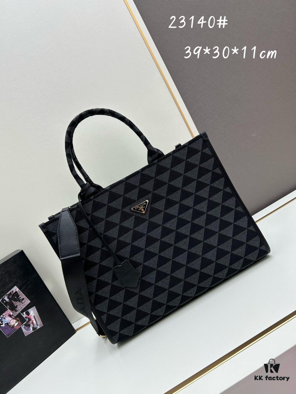 New Large Prada Embroidered Fabric Tote Bag (Medium Size with Long Strap)