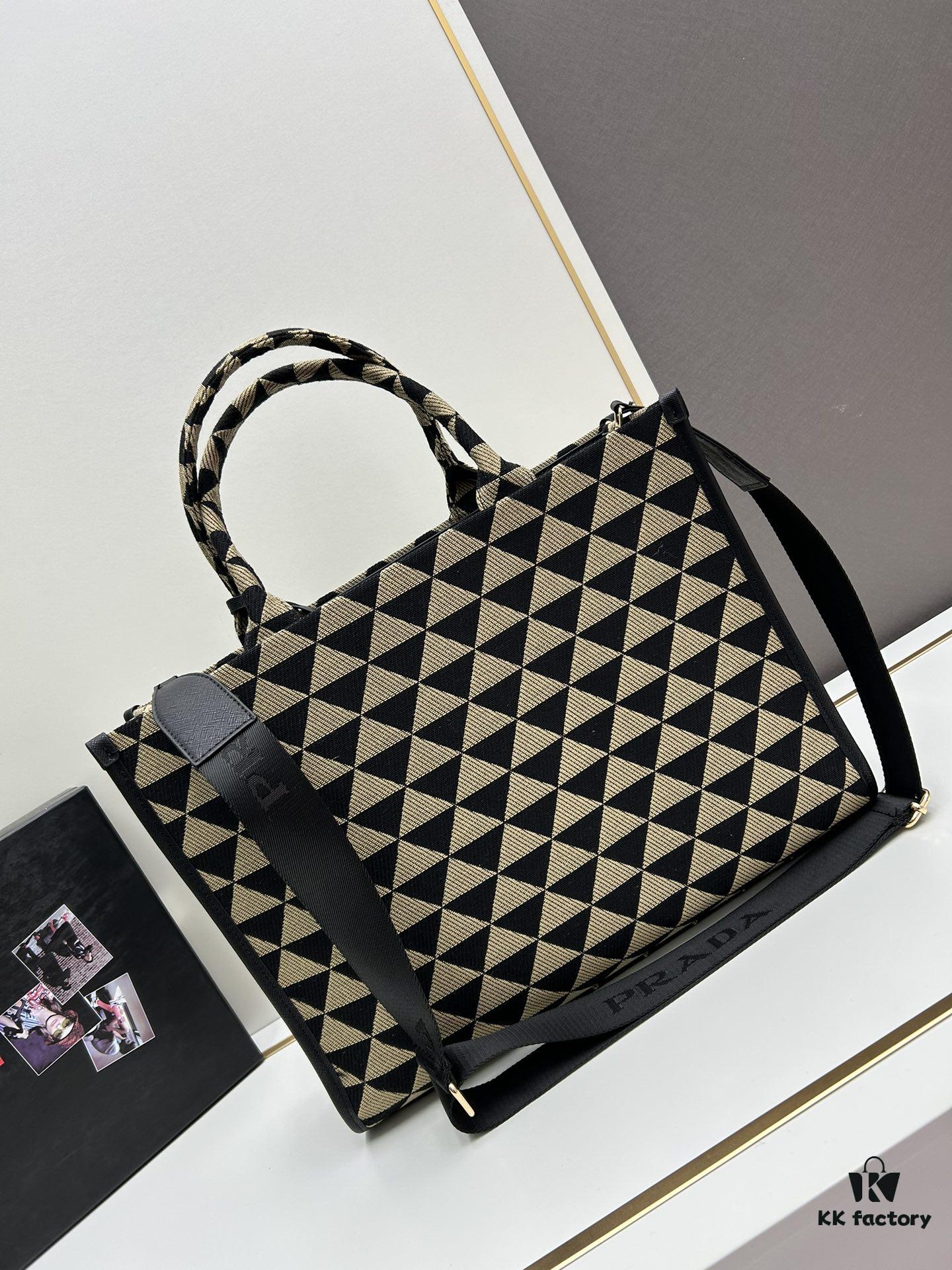 6930b5c76e68136f4d9adf0d New Large PRADA Embroidered Fabric Tote Bag (Medium Size) with Long Adjustable Saffiano Leather Strap