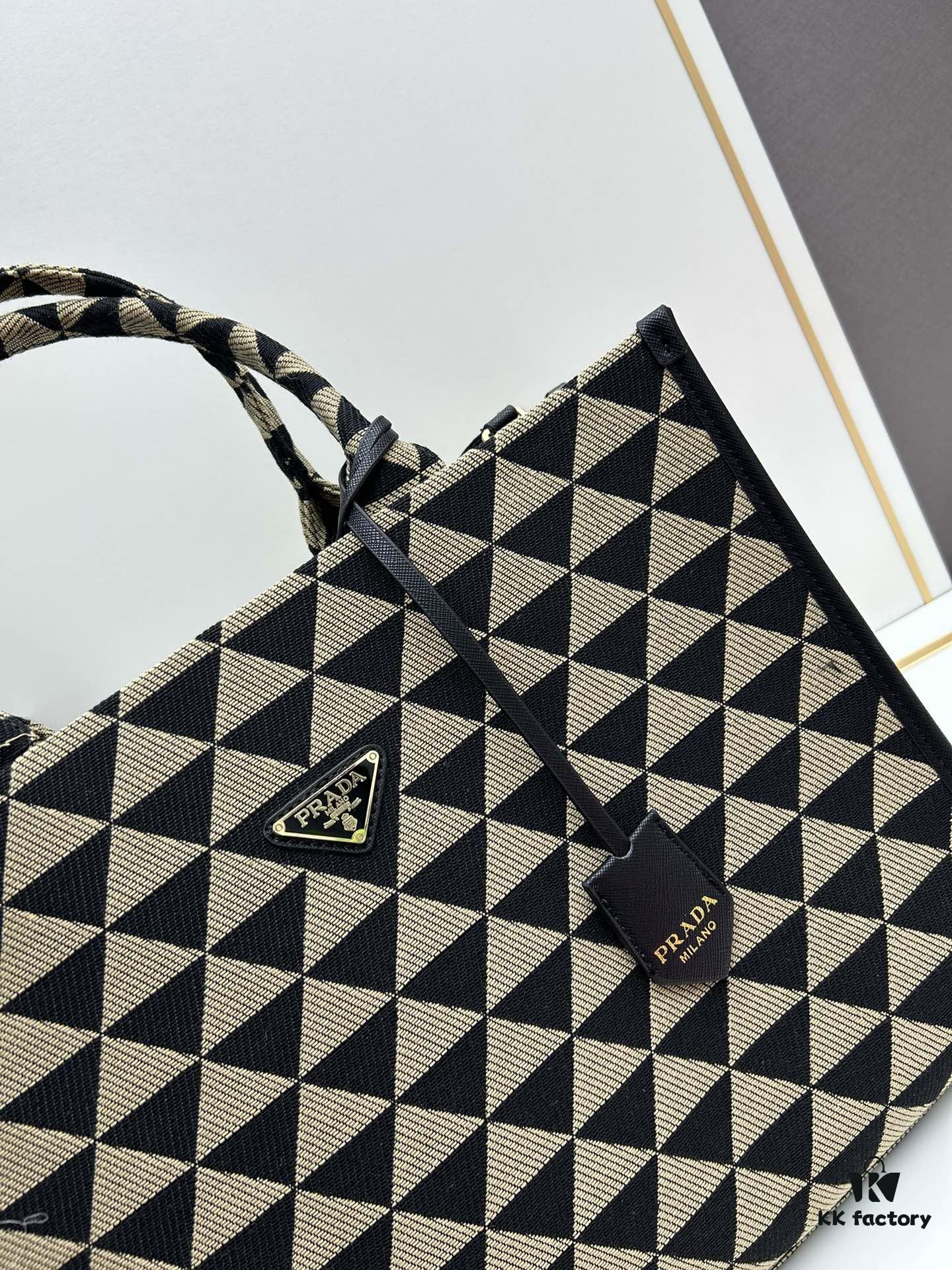 6930b5c86e68136f4d9adf10 New Large PRADA Embroidered Fabric Tote Bag (Medium Size) with Long Adjustable Saffiano Leather Strap