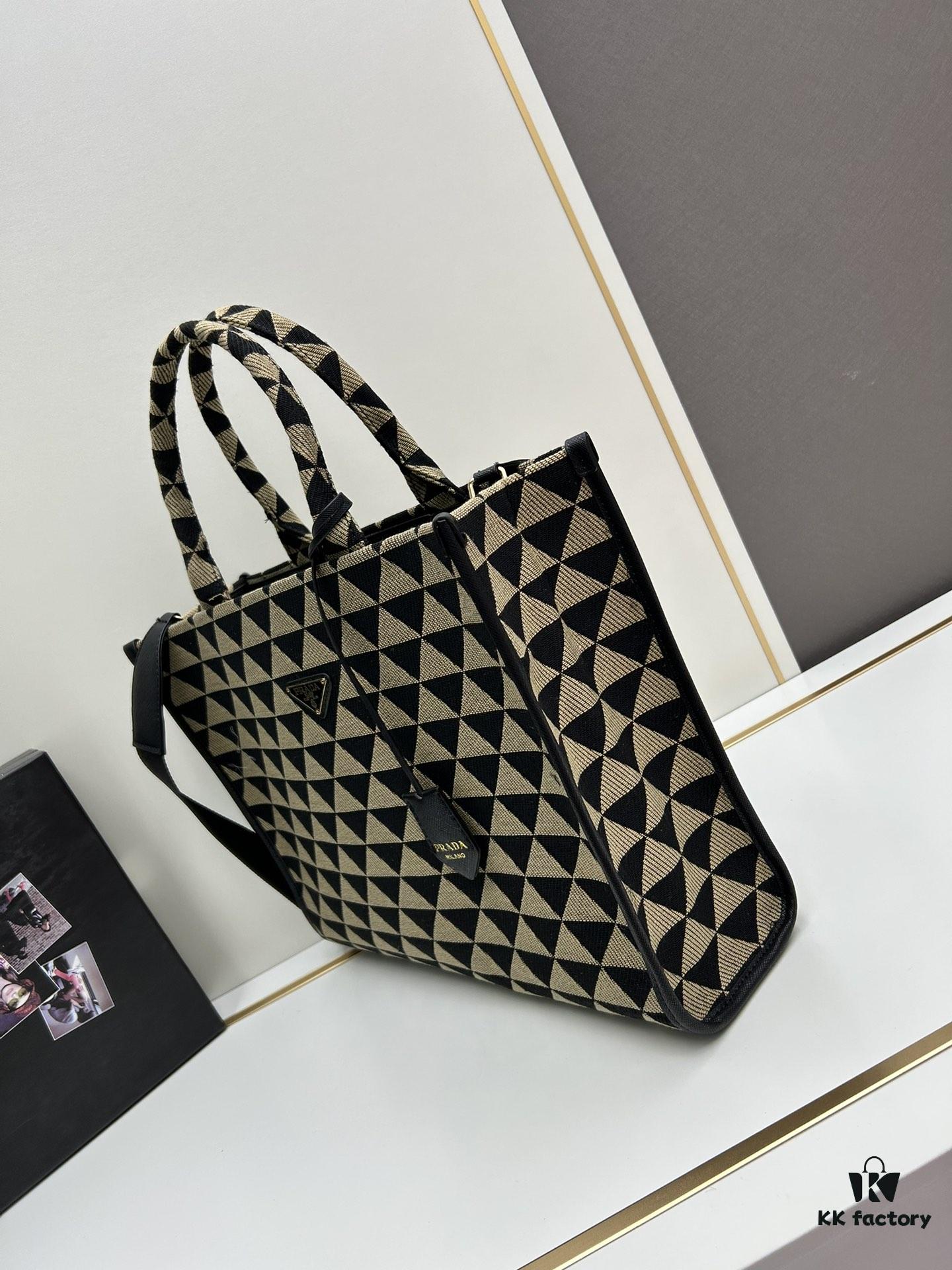 6930b5c86e68136f4d9adf12 New Large PRADA Embroidered Fabric Tote Bag (Medium Size) with Long Adjustable Saffiano Leather Strap