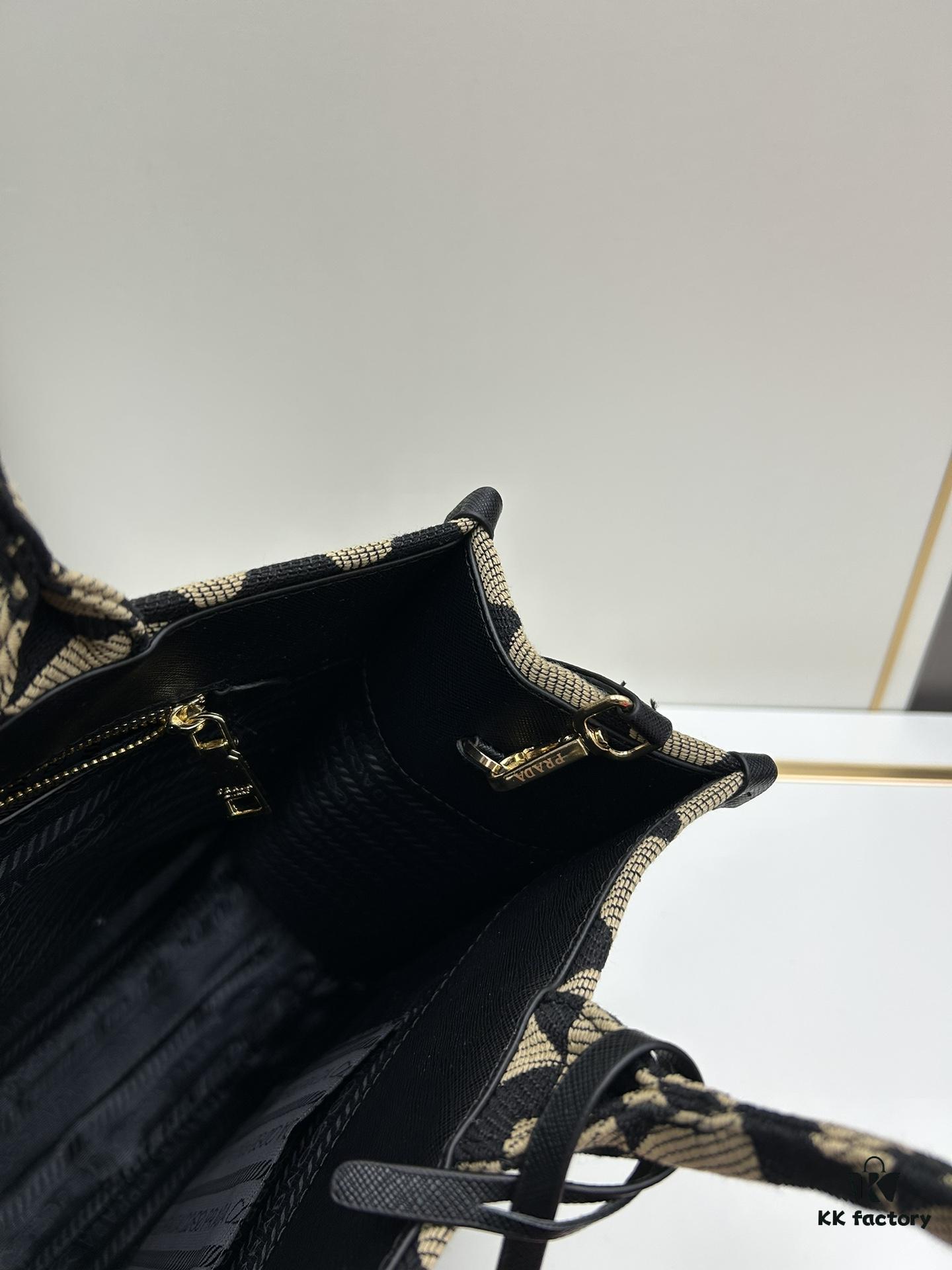 6930b5c96e68136f4d9adf13 New Large PRADA Embroidered Fabric Tote Bag (Medium Size) with Long Adjustable Saffiano Leather Strap