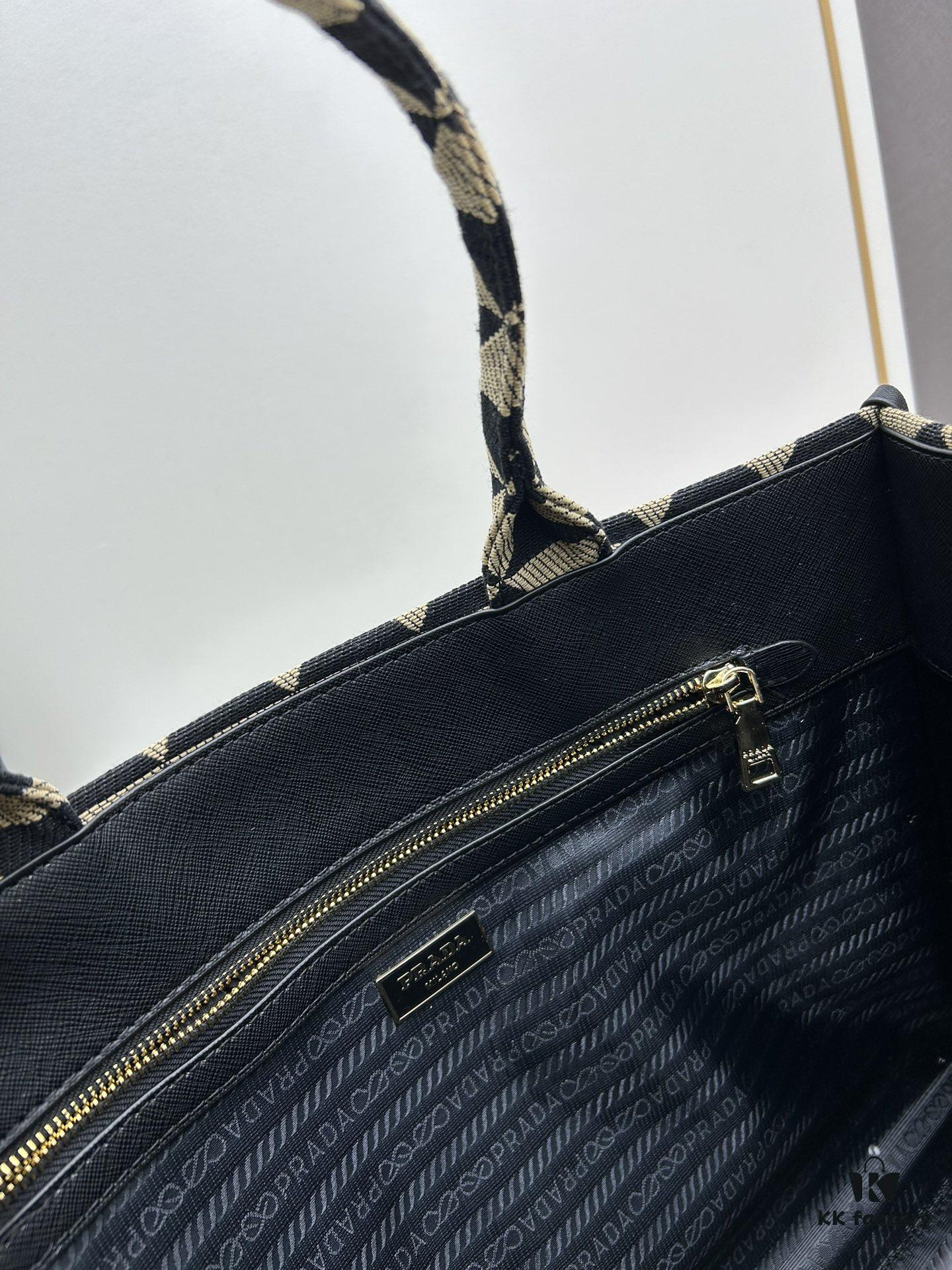 6930b5cb6e68136f4d9adf15 New Large PRADA Embroidered Fabric Tote Bag (Medium Size) with Long Adjustable Saffiano Leather Strap