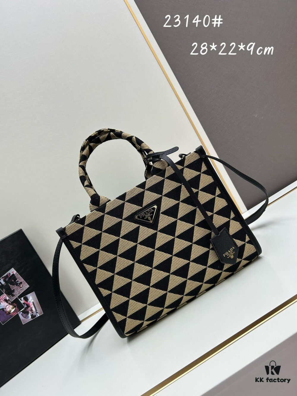 New Medium Prada Embroidered Fabric Tote Bag with Long Shoulder Strap