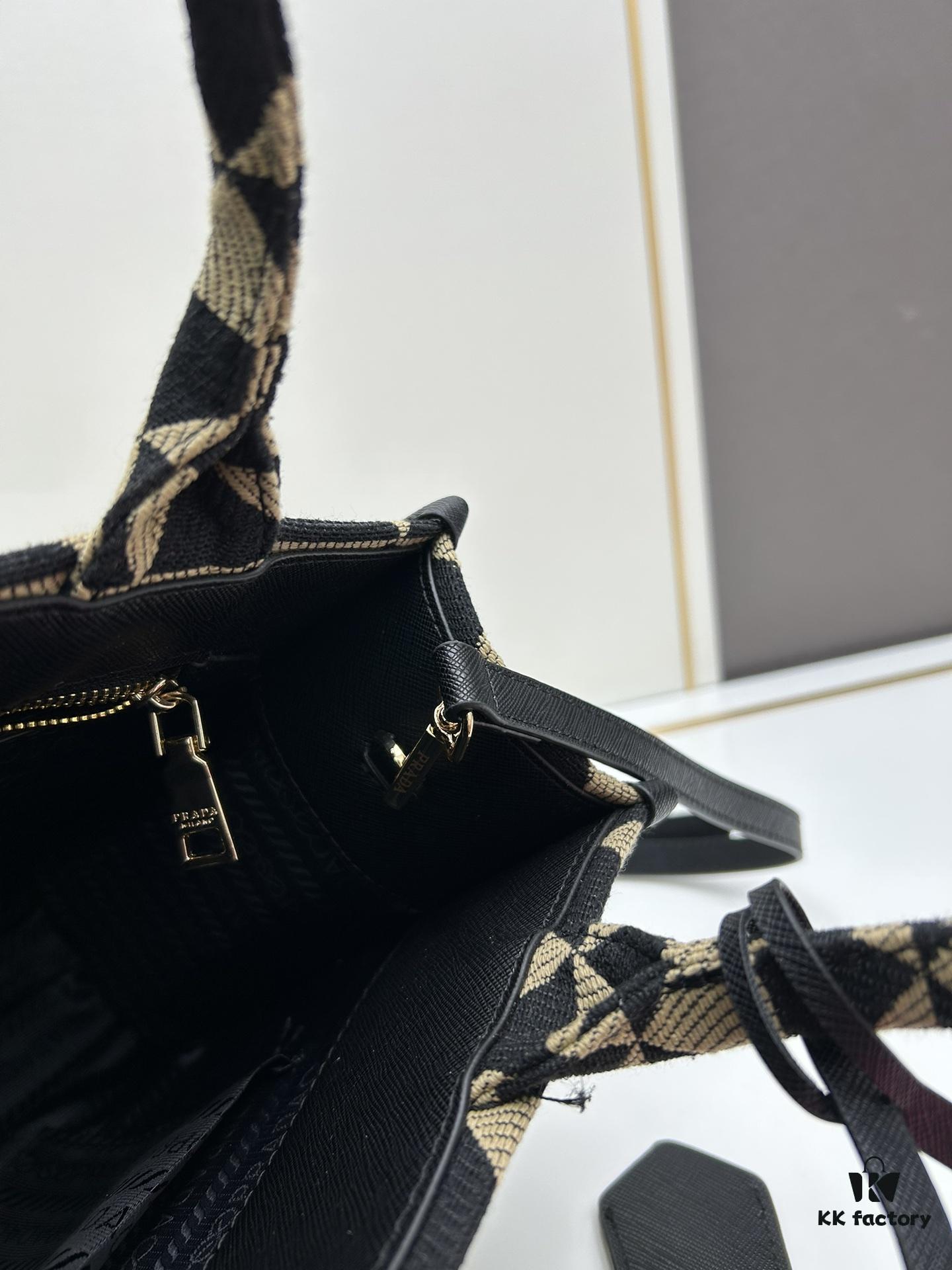 6930b5d46e68136f4d9adf26 New Medium Prada Embroidered Fabric Tote Bag with Long Shoulder Strap