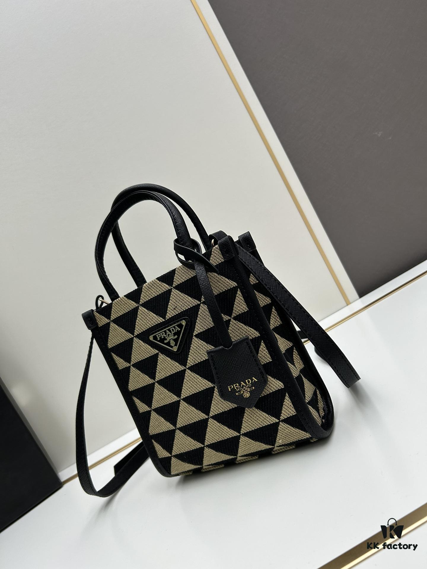 New Small Size Prada Embroidered Fabric Tote Bag Medium (with Box) with Long Strap