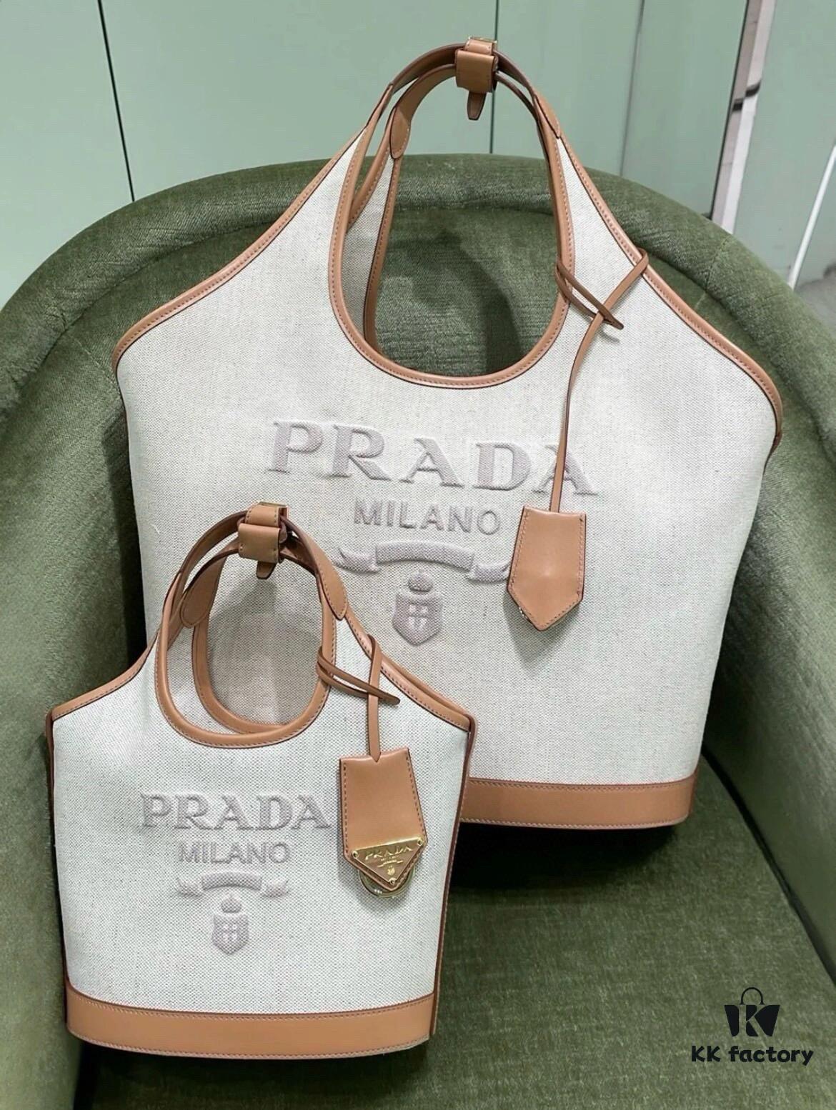 6930b5e16e68136f4d9adf40 Large Size Prada New Linen Blend Tote Bag with Leather Trim