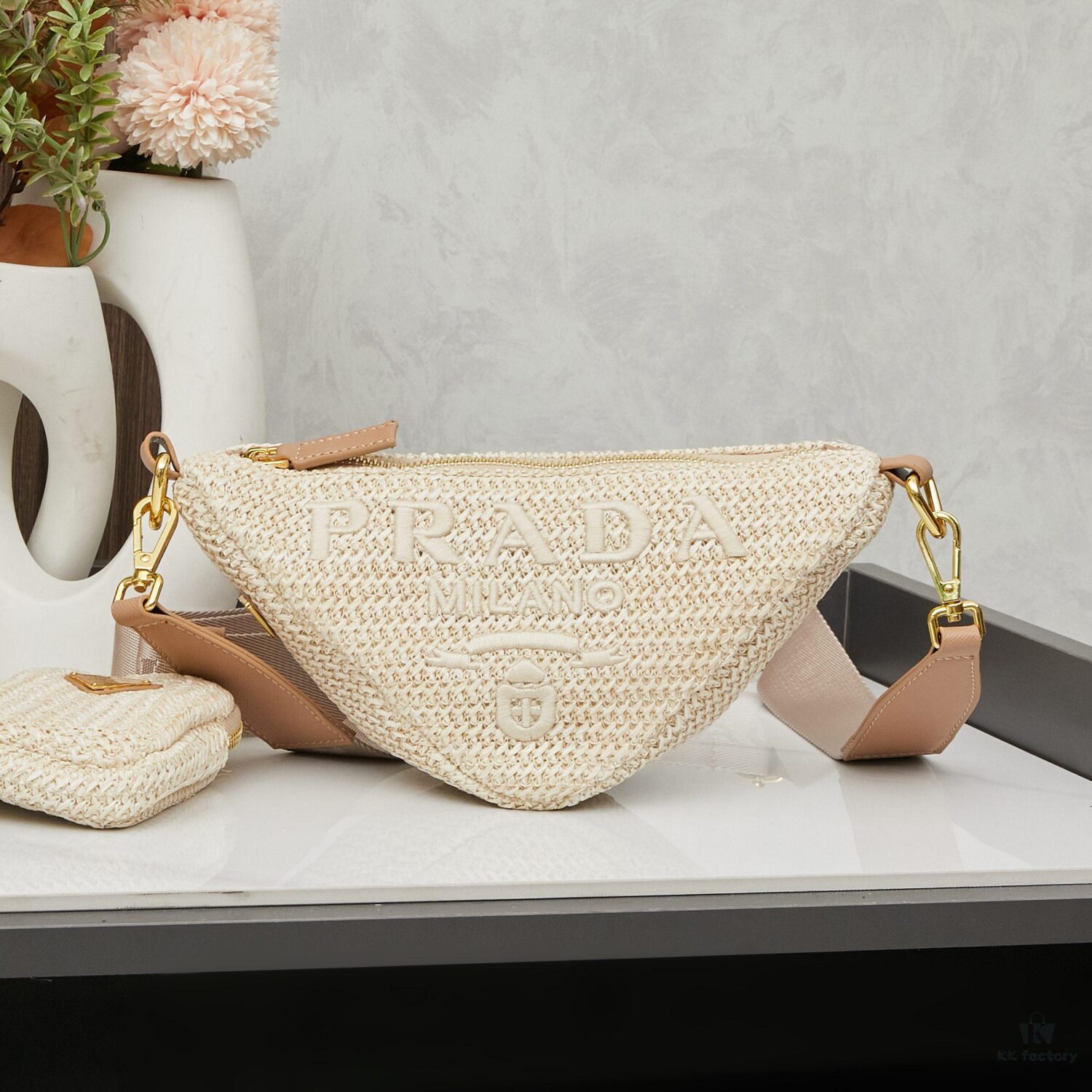 6930b7426e68136f4d9ae180 Prada Raffia Woven Triangle Bag with Box Packaging, 3D Logo, Lightweight Design, Metal Chain Included