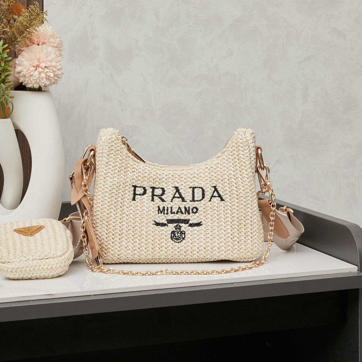 6930b7566e68136f4d9ae19a Beige Knitted Prada Three-in-One Bag 🎀 Adorable Design with Box