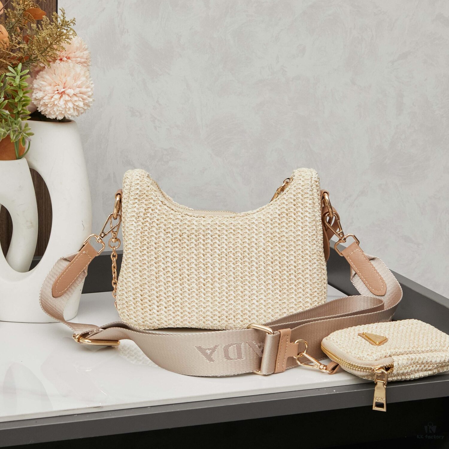 6930b7566e68136f4d9ae19b Beige Knitted Prada Three-in-One Bag 🎀 Adorable Design with Box