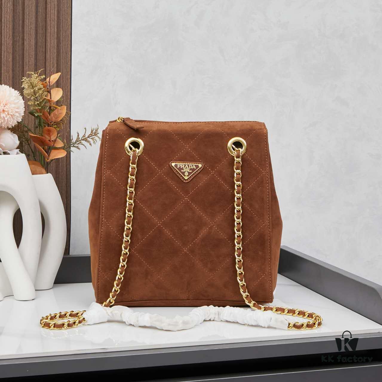 6930b7bc6e68136f4d9ae244 Prada Brown Suede Chain Shoulder Bag with Box - Daily Vintage
