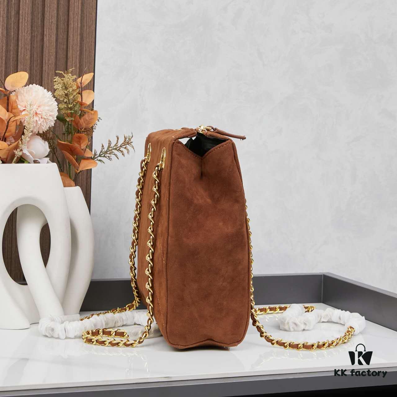6930b7bc6e68136f4d9ae245 Prada Brown Suede Chain Shoulder Bag with Box - Daily Vintage