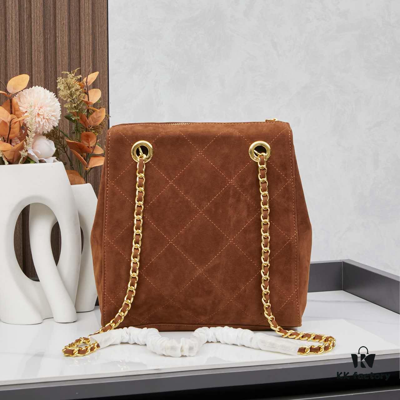 6930b7bd6e68136f4d9ae246 Prada Brown Suede Chain Shoulder Bag with Box - Daily Vintage