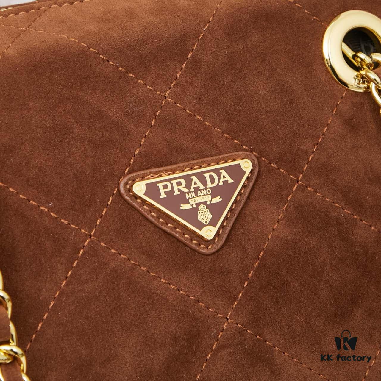 6930b7bf6e68136f4d9ae248 Prada Brown Suede Chain Shoulder Bag with Box - Daily Vintage