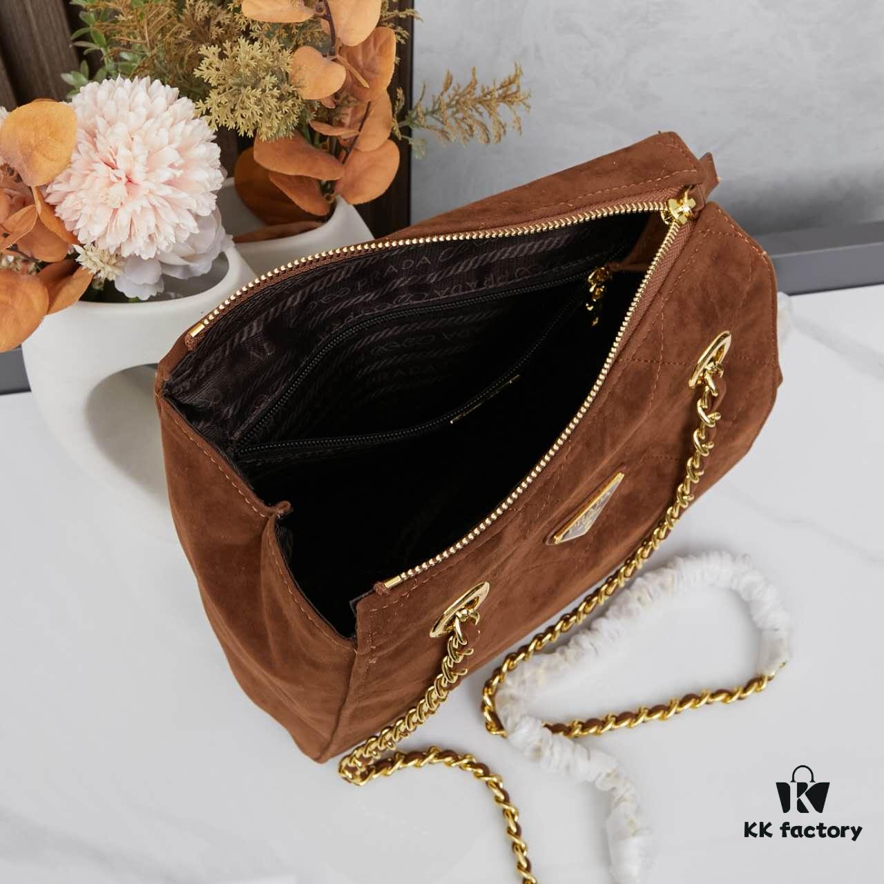 6930b7c16e68136f4d9ae24b Prada Brown Suede Chain Shoulder Bag with Box - Daily Vintage