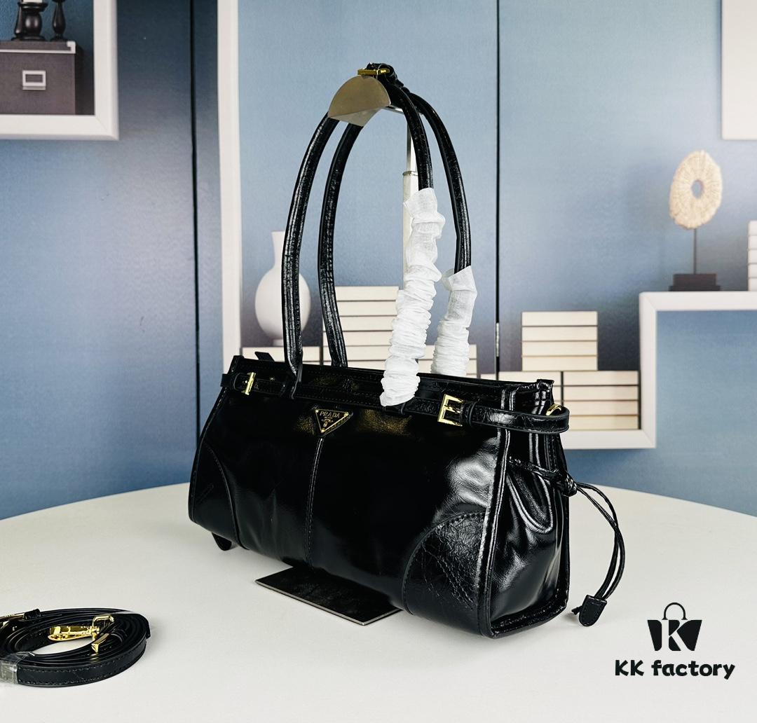 6930b7d46e68136f4d9ae26c PRADA New Arrival: Vintage Style Top-Grain Leather Handbag in Black Waxed Finish, Model No. 426