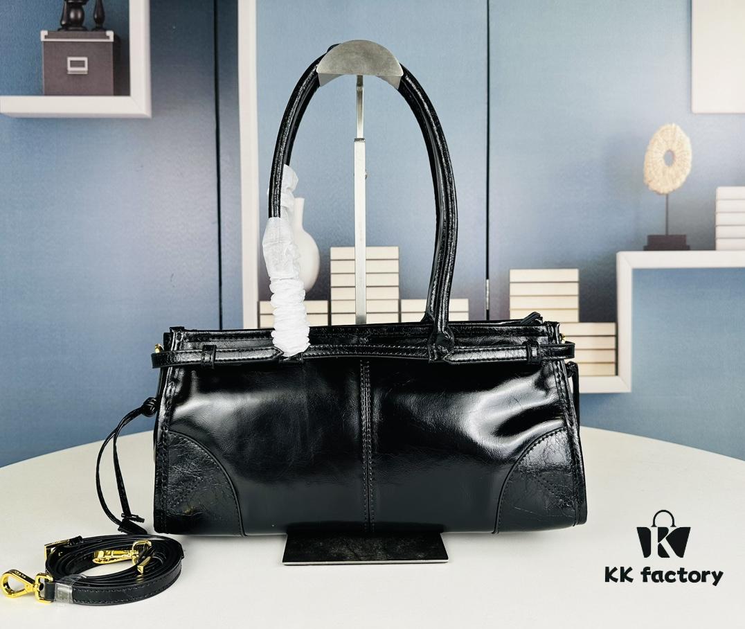 6930b7d56e68136f4d9ae26e PRADA New Arrival: Vintage Style Top-Grain Leather Handbag in Black Waxed Finish, Model No. 426