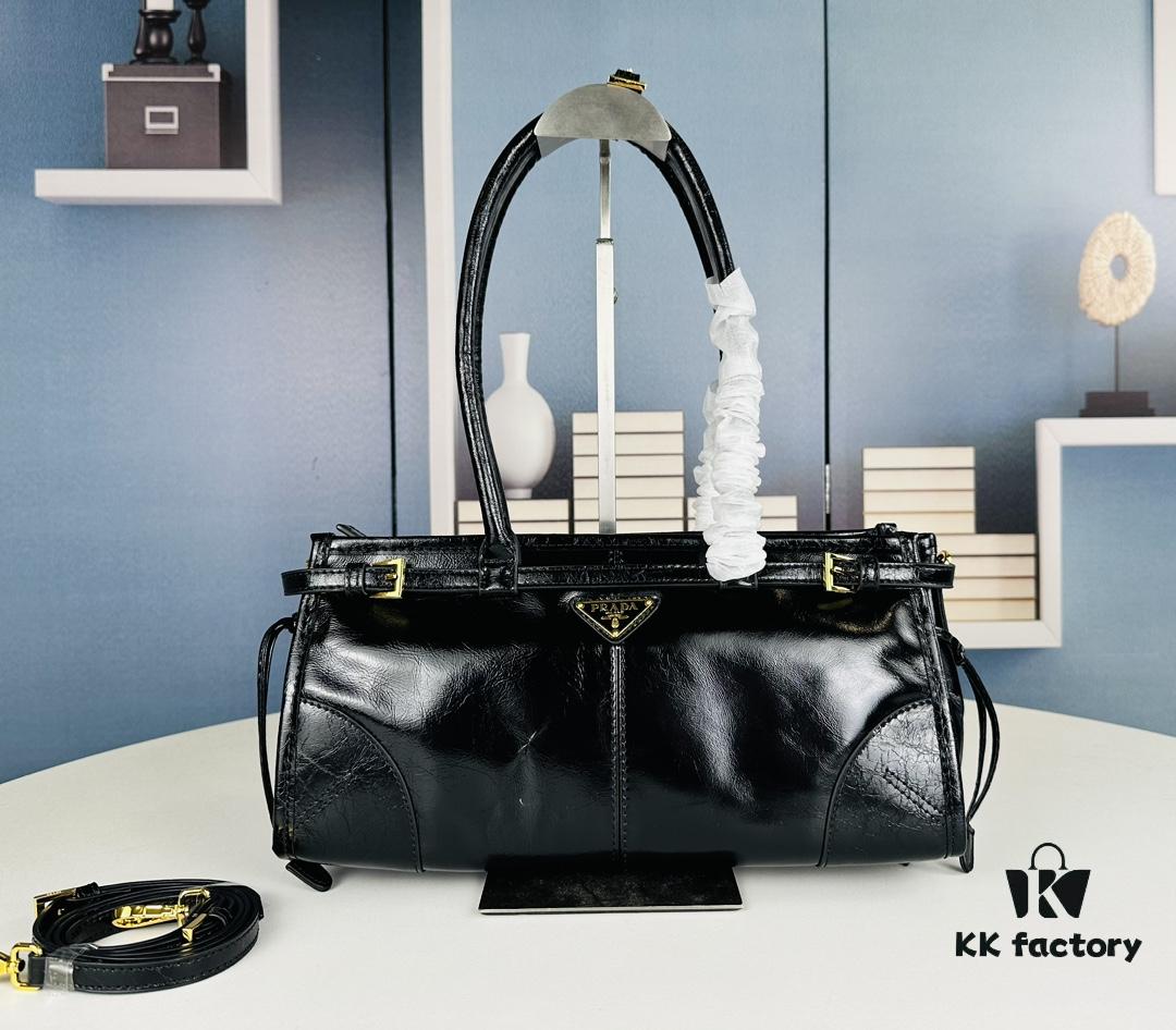 6930b7da6e68136f4d9ae277 PRADA New Arrival: Vintage Style Top-Grain Leather Handbag in Black Waxed Finish, Model No. 426