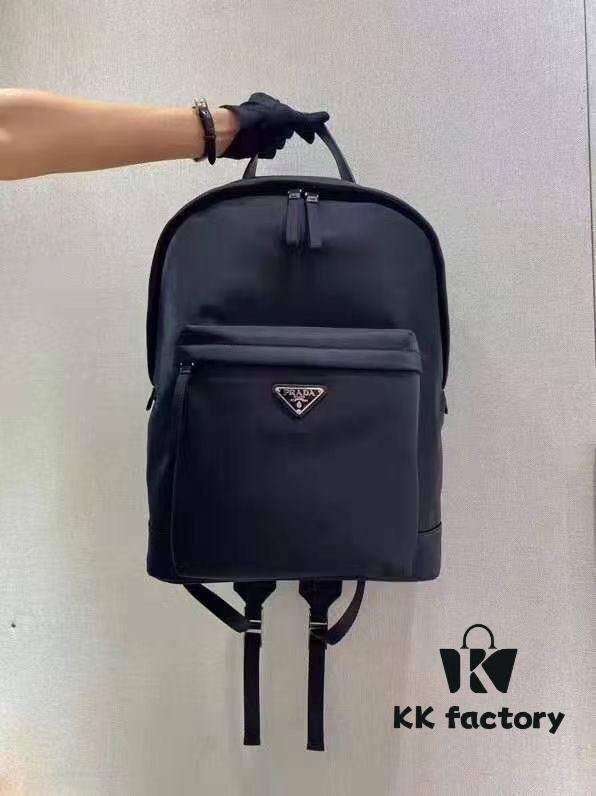 Prada Men's Black Parachute Nylon Backpack, Stylish Design with Inverted Triangle Logo, Lightweight, Spacious and Waterproof