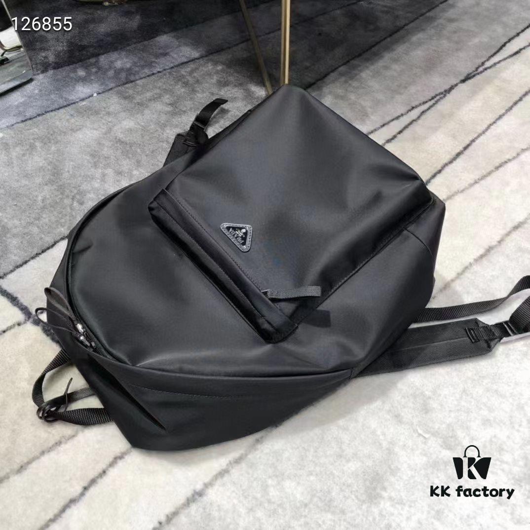 Prada Men's Black Parachute Nylon Backpack, Stylish Design with Inverted Triangle Logo, Lightweight, Spacious and Waterproof