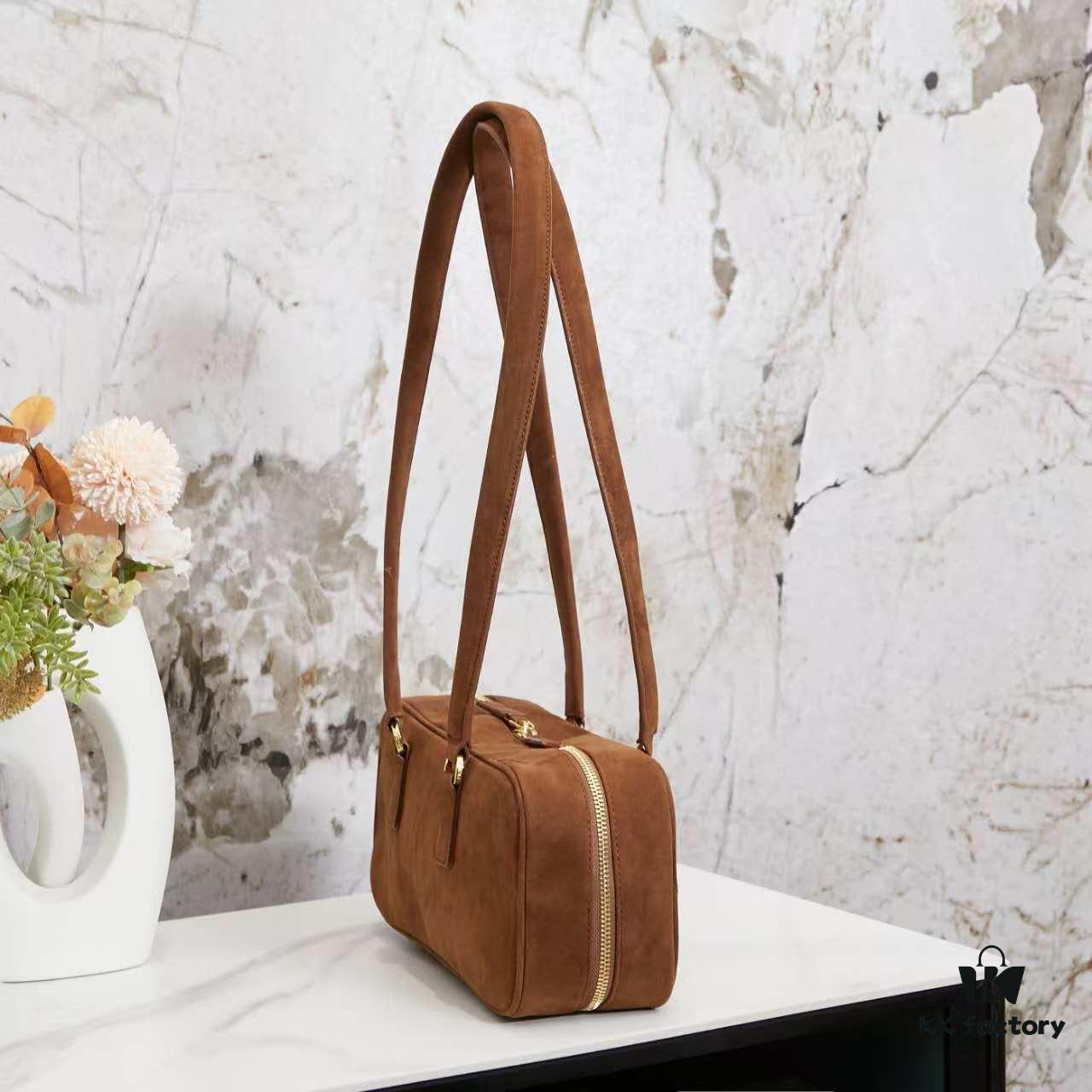 6930b8186e68136f4d9ae2e9 Vintage Prada Suede Bag with Box and Long Handle, Retro Merlot Style