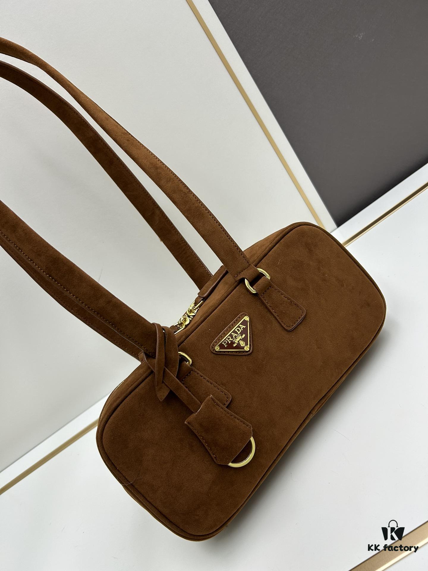 6930b84b6e68136f4d9ae345 Vintage Prada Suede Bag with Box and Long Handle, Retro Merlot Style