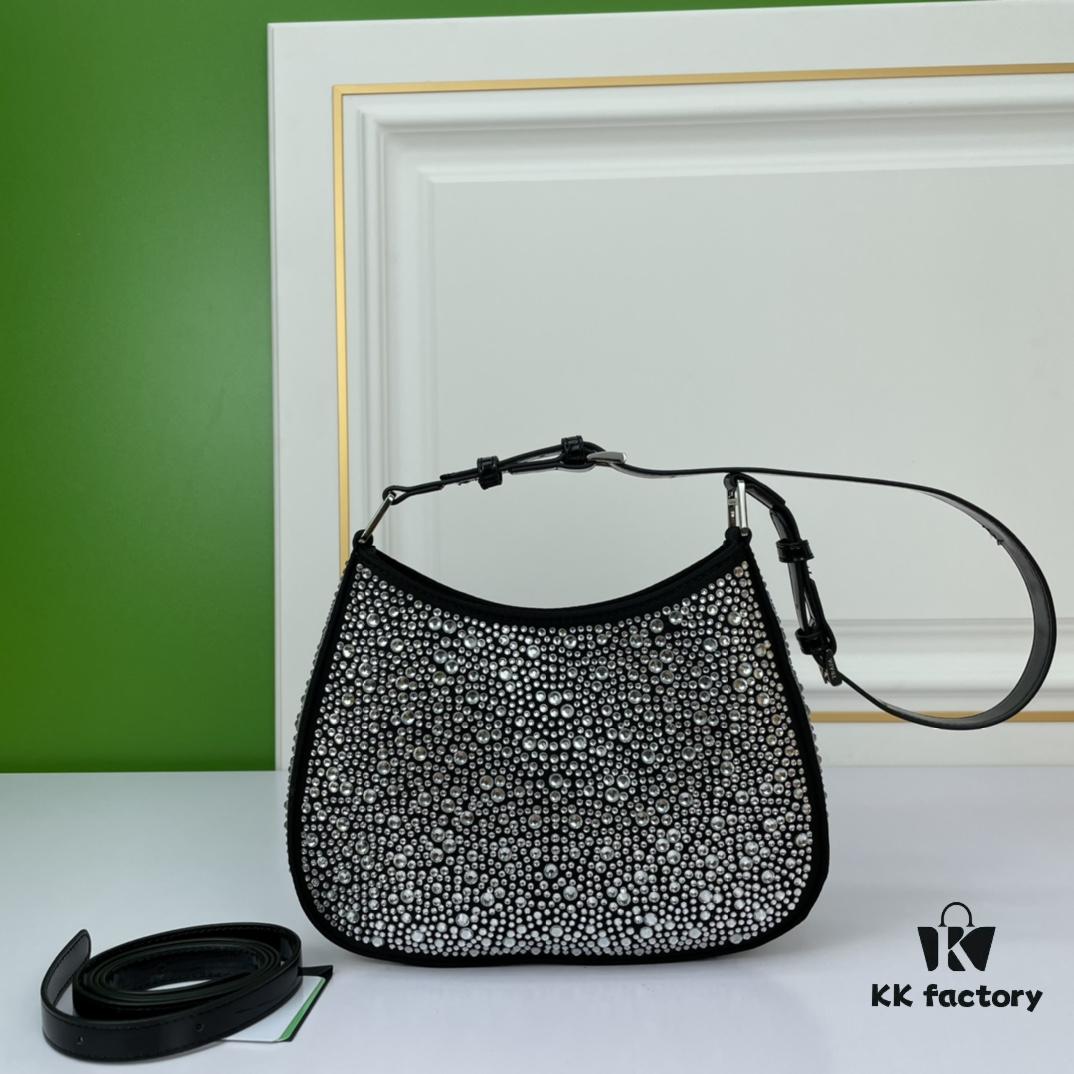 Box Included, Original Order, Factory Custom Leather ♥️ PRADA Launches 2022 Spring/Summer Collection Crystal Hobo Handbag, Premium Calfskin, Inspired by Du Juan, Wen Qi, and Deng Enxi, Lightweight Fashion, Must-Have for Trendsetters