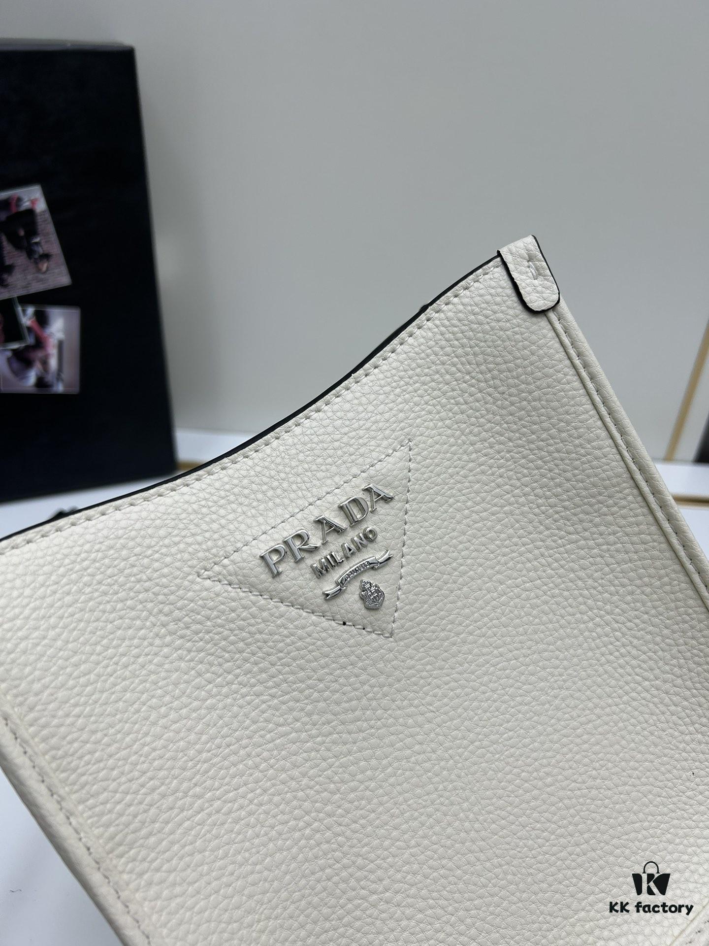 High-Quality PRADA Shoulder Crossbody Bag - Imported Full-Grain Coarse Lychee Texture Leather, Detachable Dual Straps (Leather Strap & Lettered Fabric Strap), Metal Logo, Magnetic Closure